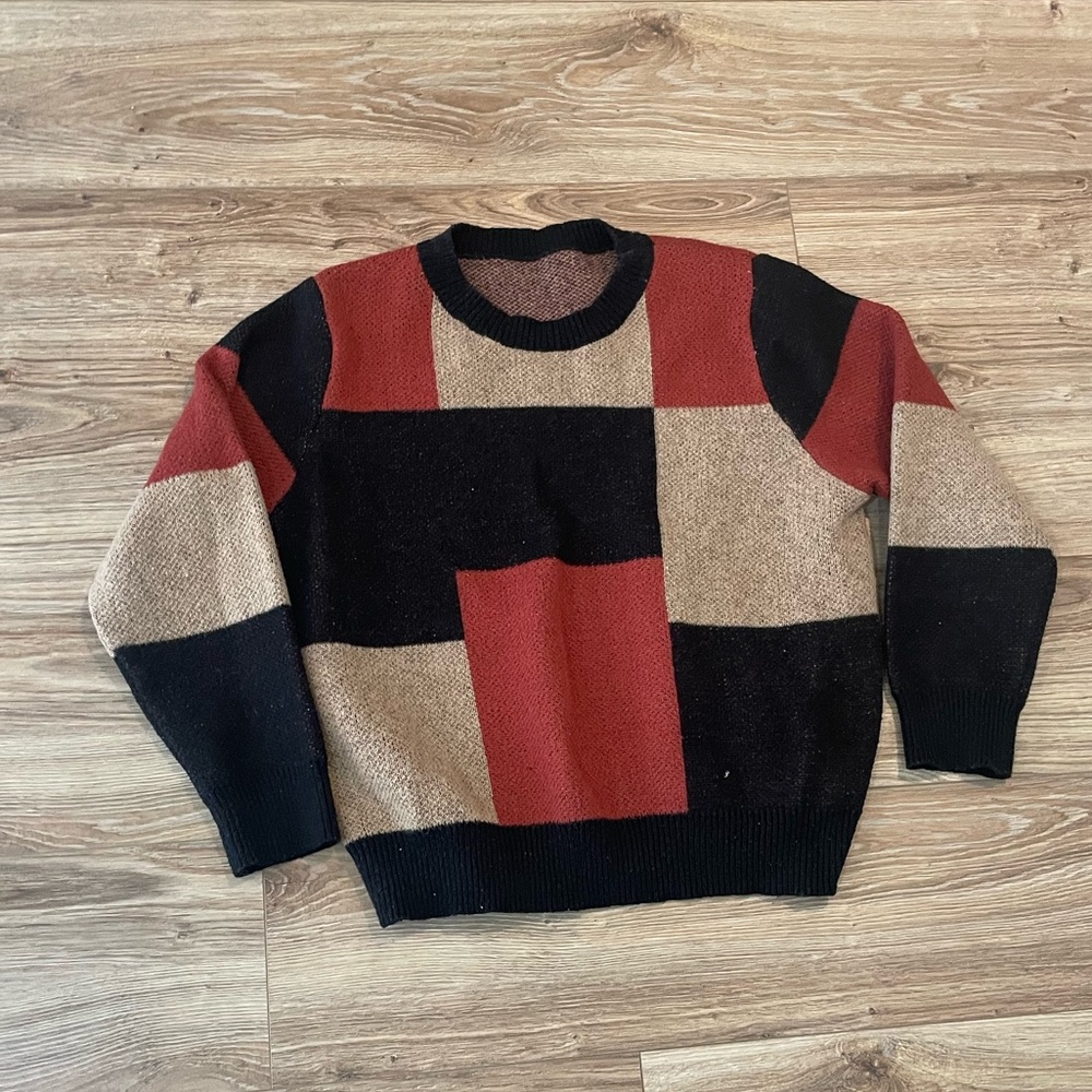 SHEIN Women’s Patchwork Crewneck Sweater - Black, Red, Tan